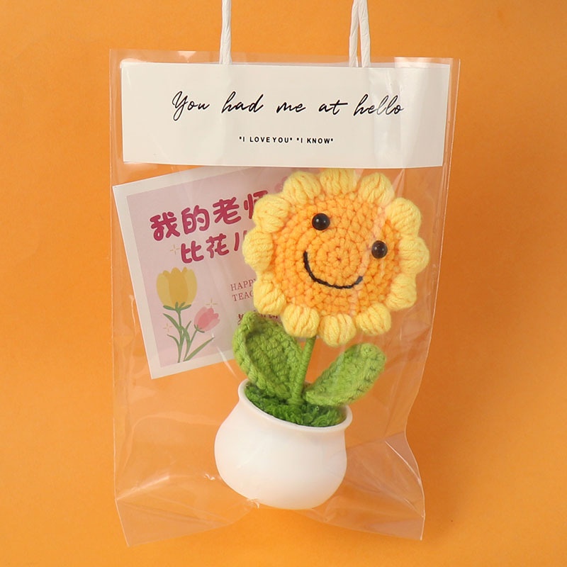 Handmade Crochet Sunflower Tulip Potted Plants Yarn Knitted Artificial Flower Desk Decoration Gift With Bag Smile Face Daisy