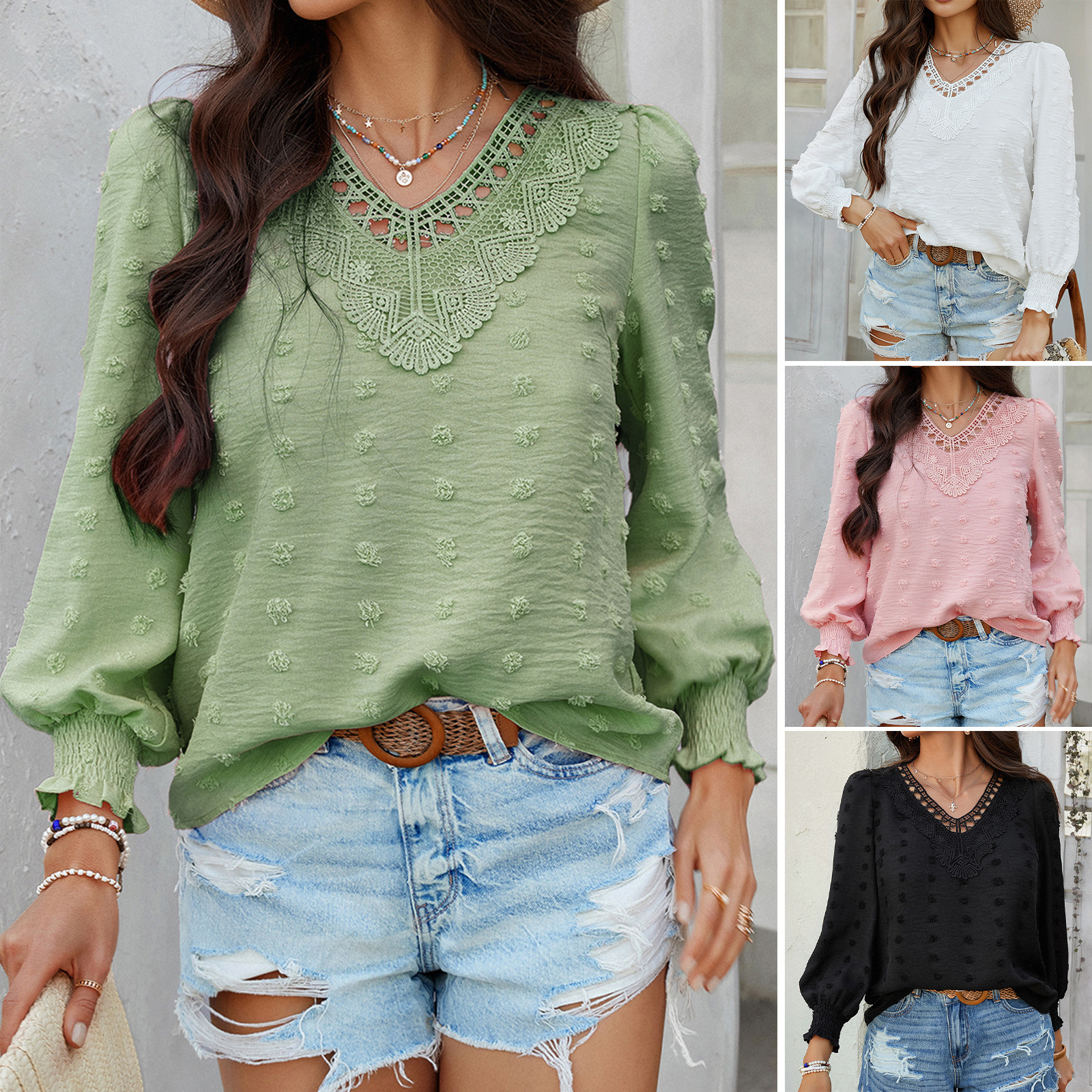 Women's V Neck Lace Patchwork Long Sleeve Blouse Swiss Dot Jacquard Lantern Sleeve Casual Vacation Shirt Tops For Women