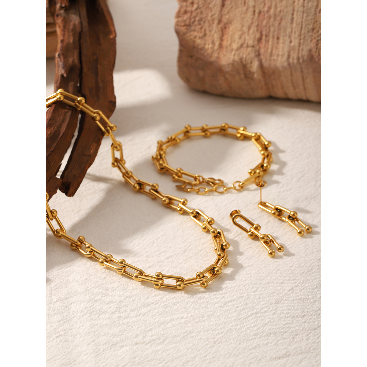 Industrial U-Link Chain Jewelry Set Stainless Steel 18K Gold Plated Gauge Link Necklace Bracelet Earrings For Women