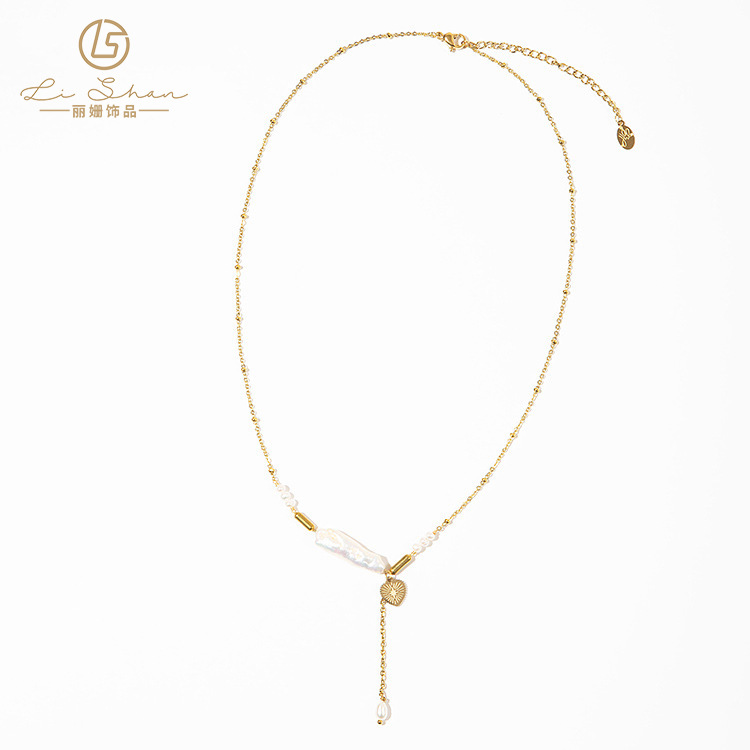 Stainless Steel Necklace With Baroque Freshwater Pearl And Engraved Heart Pendant Gold Plated Elegant Jewelry For Women