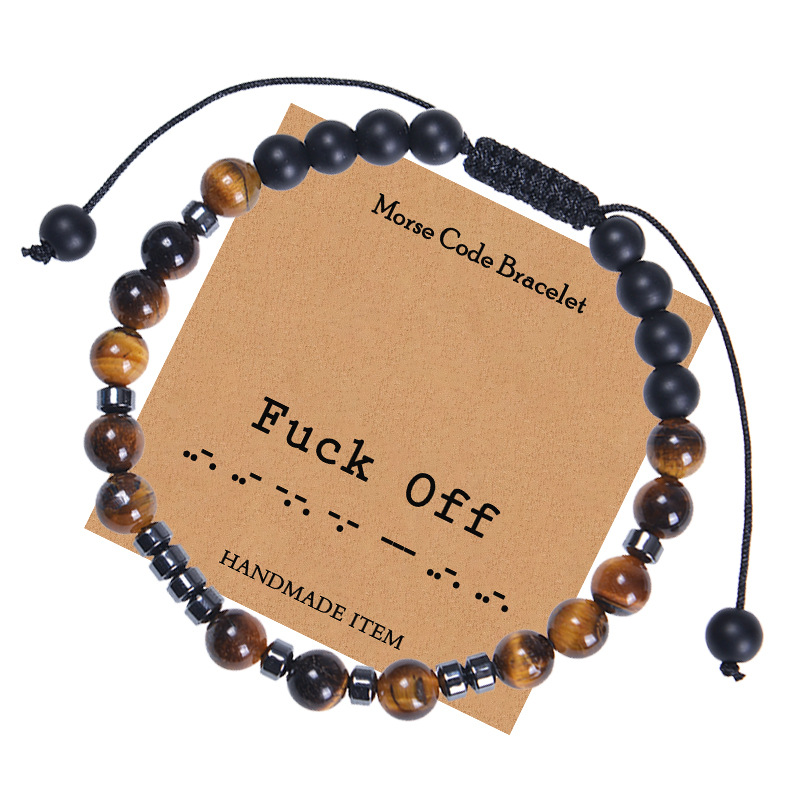 Handmade Morse Code Bracelet Natural Tiger Eye Frosted Black Beads Adjustable Braided Rope Inspirational Secret Message Jewelry Gift for Men Women