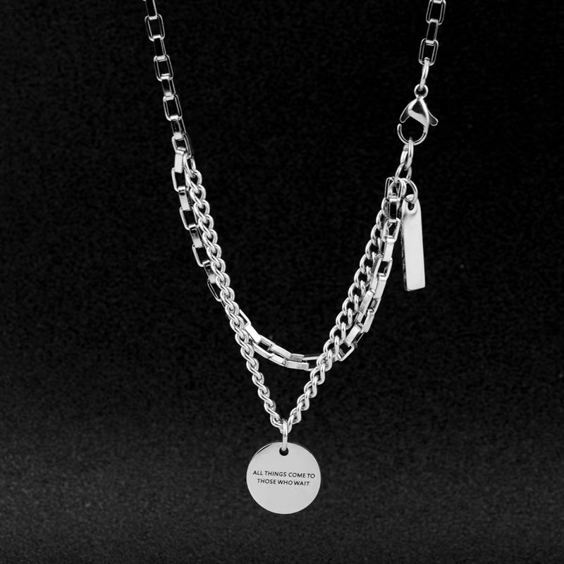 Double Layer Pendant Necklace Stainless Steel Inspirational Quote Round Coin Bar Silver Minimalist Jewelry For Men