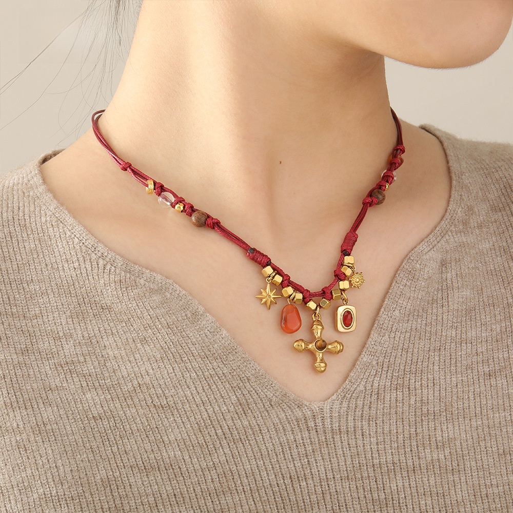 Handmade Beaded Necklace With Red Agate Tiger Eye Wood Beads Copper Stainless Steel Cross Star Pendant Ethnic Style For Women