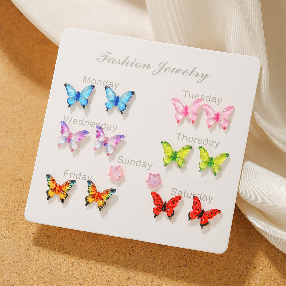 Colorful Butterfly Star Resin Stud Earrings Set Weekly Jewelry Gift Alloy Flower Rose Earrings for Women Girls