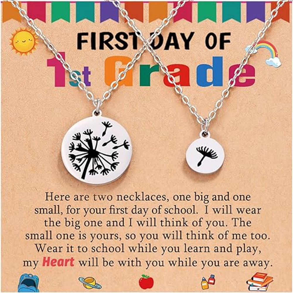 Stainless Steel Dandelion Mother Daughter Necklace Set For First Day Of School Back To School Gift For Mom And Daughter Minimalist Round Pendant Jewelry With Card
