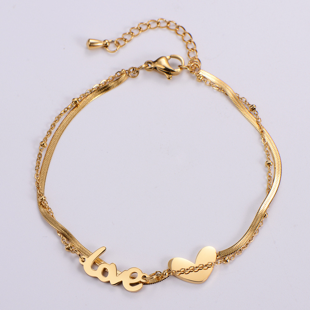 Double Layered 316L Stainless Steel Bracelet With Heart And Love Word Pendants Minimalist Jewelry For Women