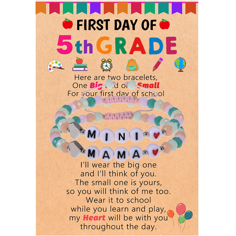 Mommy and Me Back to School Bracelet Set Colorful Crystal Beads Alloy Heart Charm Adjustable Braided Rope Bracelets for Mother Daughter First Day of School Gift