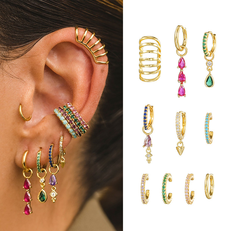 Gold Plated Copper Earrings Colorful Cubic Zirconia Hoops Bone Clips Studs Bohemian Exaggerated Style For Women