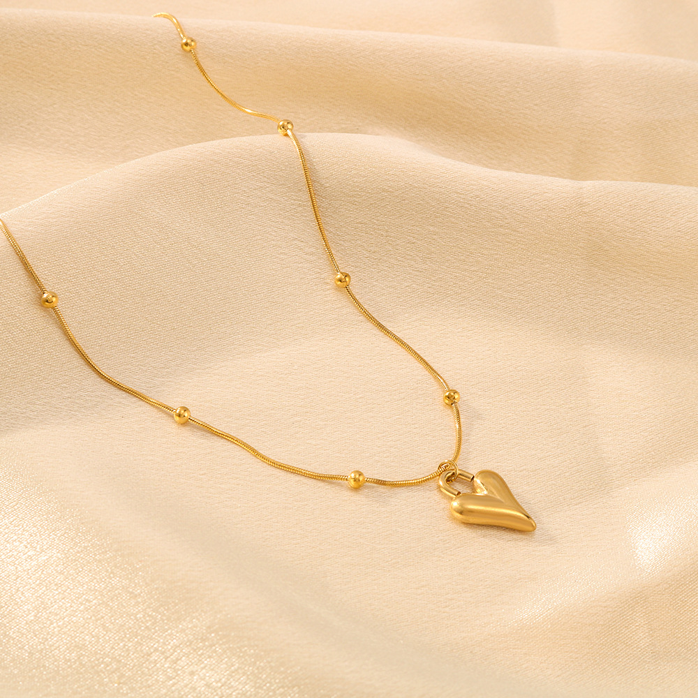 Heart Pendant Necklace 18K Gold Plated Stainless Steel Snake Chain With Gold Beads Elegant Jewelry For Women