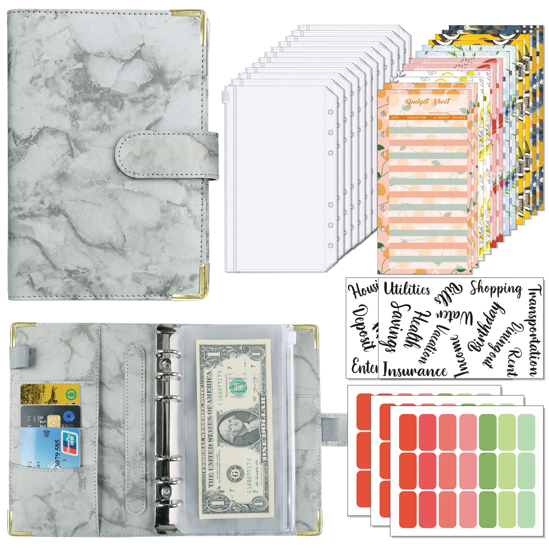 A6 Budget Binder Set Marble PU Leather Notebook With 6 Ring Binder 12 Zipper Envelopes 12 Budget Sheets And Labels For Cash Stuffing Savings Challenge Financial Planner Organizer