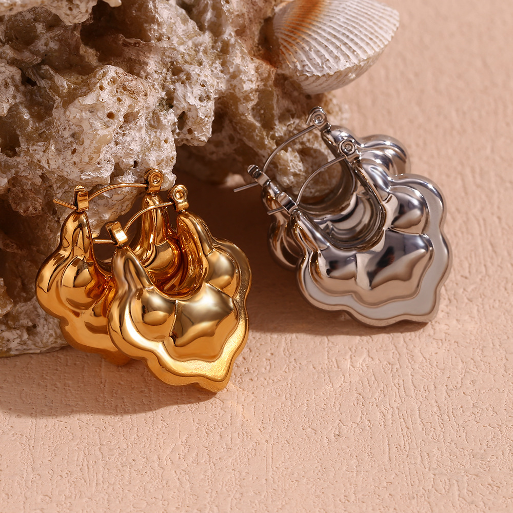 Irregular Wave Hoop Earrings 316L Stainless Steel 18K Gold Plated Hollow Double Layer Lotus Niche Jewelry For Women