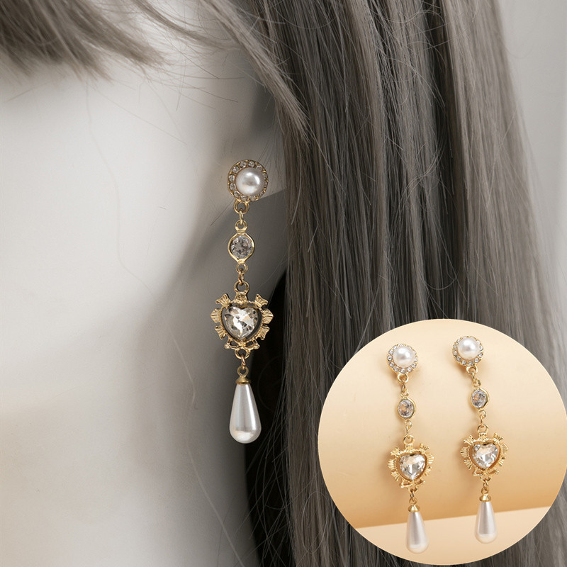 Vintage Baroque Heart Drop Earrings With Faux Pearls Rhinestone And Stainless Steel Earring Post For Women