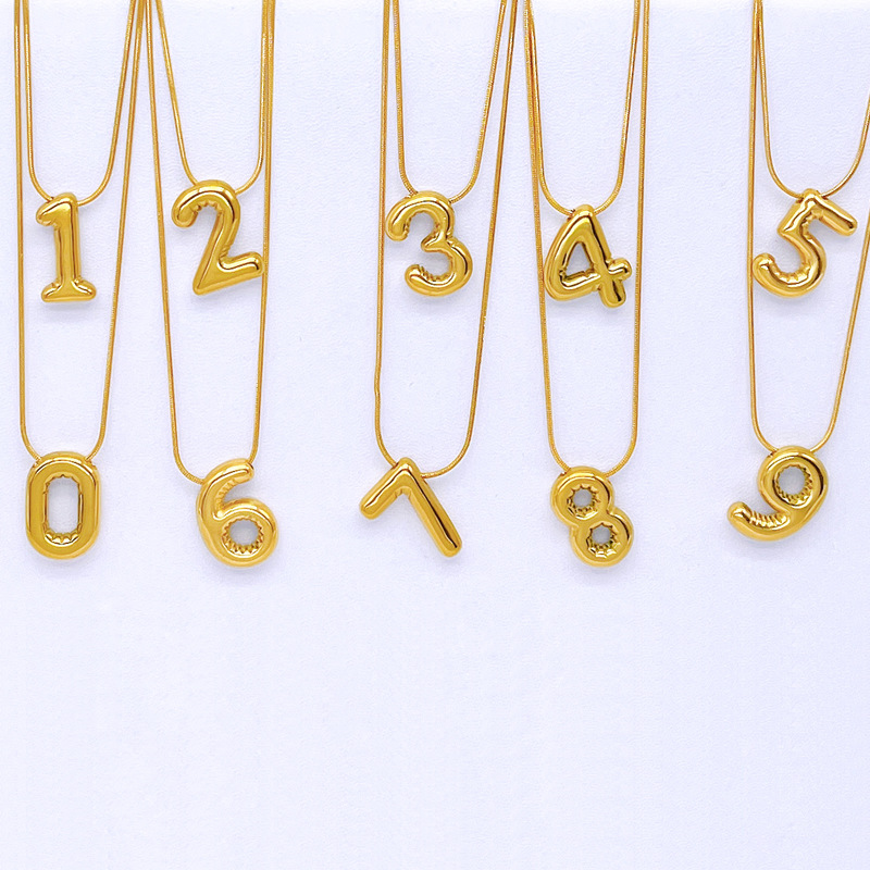Fashion Gold Plated Stainless Steel 3D Balloon Number Pendant Necklace For Women 0-9 Lucky Number Snake Chain Tarnish Resistant Minimalist Jewelry Gift