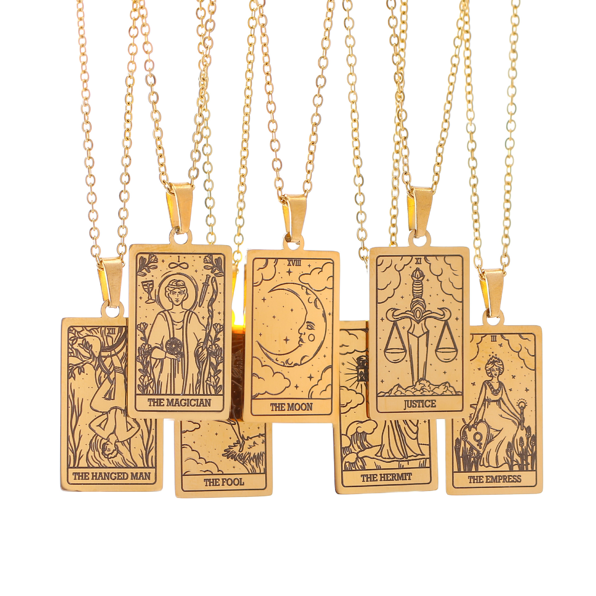 Vintage Tarot Card Pendant Necklace 304 Stainless Steel Vacuum Gold Plated Rectangular Mystery Arcana Long Chain Jewelry Women Men Gift Mystery Jewelry