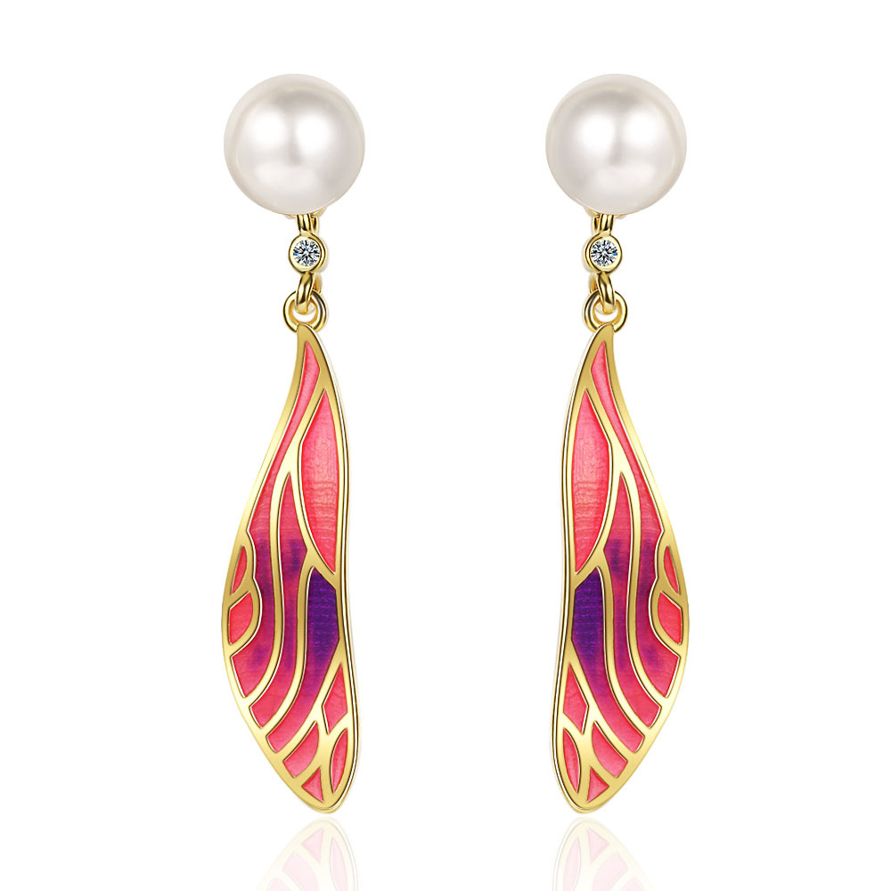 Elegant Butterfly Wing Dangle Earrings With Gradient Enamel Zircon Pearl And Silver Earring Post