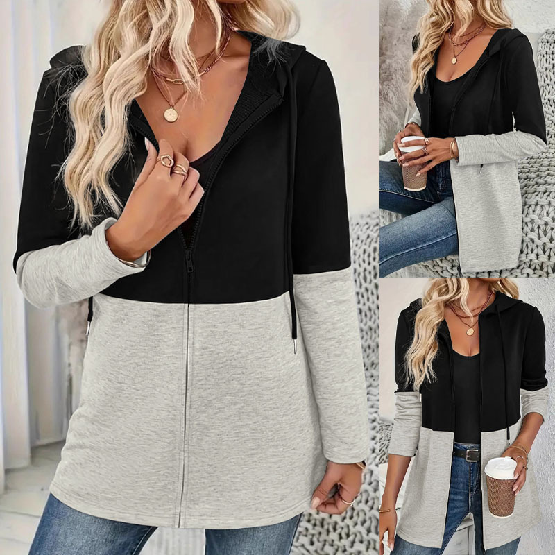 Women Plus Size Color Block Hooded Sweatshirt Jacket Casual Zipper Long Sleeve Drawstring Hoodie Outerwear Polyester Spandex Autumn Winter Plus-Size Tops