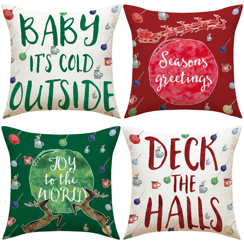 Christmas Pillow Covers 18x18 Inch Linen Decorative Cushion Cases Set for Sofa Reindeer Snowflake Print Holiday Home Decor Baby It's Cold Outside Seasons Greetings