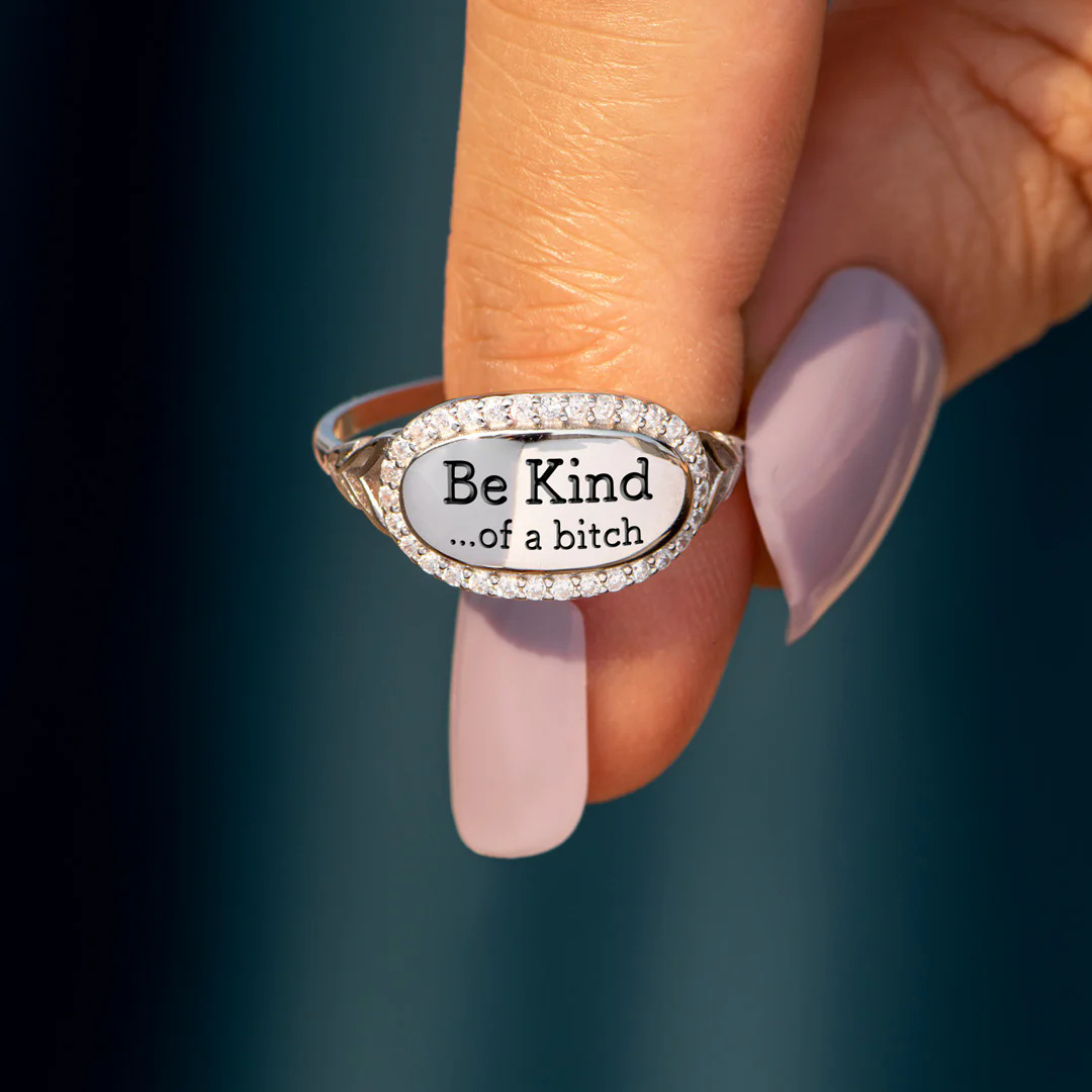 925 Sterling Silver Engraved Be Kind Letter Ring For Women White Gold Plated Oval Zirconia Inlaid Minimalist Statement Ring Fashion Jewelry Gift