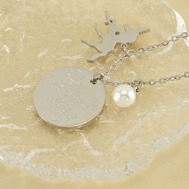 Stainless Steel Unicorn Pendant Necklace With Faux Pearl Inspirational Quote Round Disc She Believed She Could So She Did Hollow Unicorn Silhouette Jewelry For Women Girls Gift