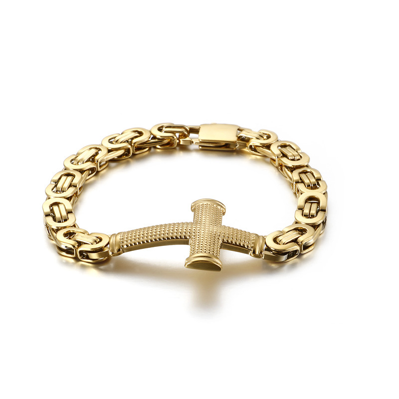 Men Byzantine Chain Bracelet Stainless Steel Textured Cross Pendant Hip Hop Streetwear Jewelry For Male