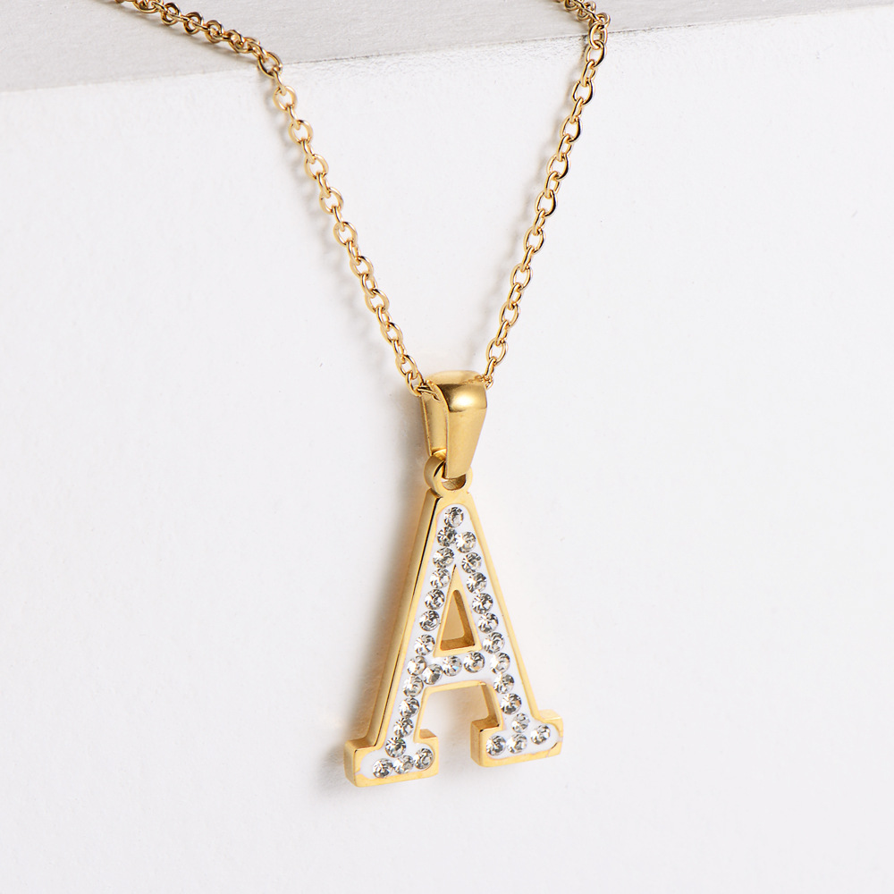 Initial Letter Pendant Necklace Stainless Steel 18K Gold Plated Sparkling Rhinestone Alphabet Clavicle Chain Elegant Jewelry