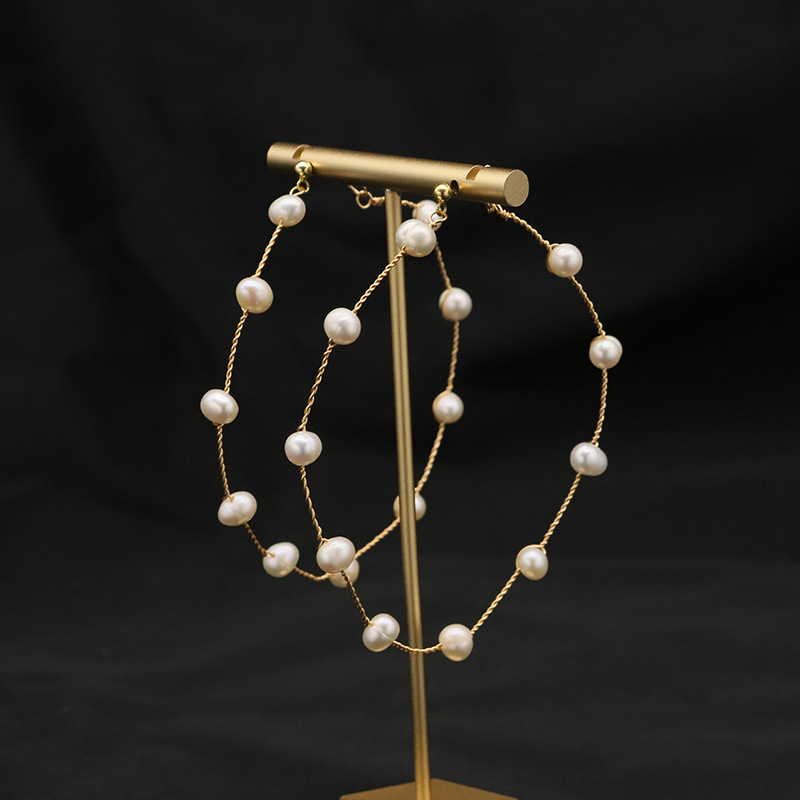 Hoop Earrings Natural Freshwater Pearl 18K Gold Plated Copper Handmade Vintage Exaggerated For Women