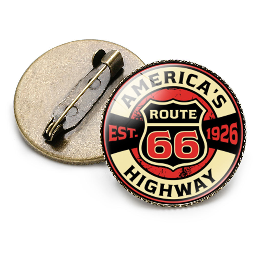 Vintage Route 66 American Highway Glass Dome Brooch Retro Bronze Alloy Pin Badge For Clothing Bag Hat Decoration Unisex Punk Accessories