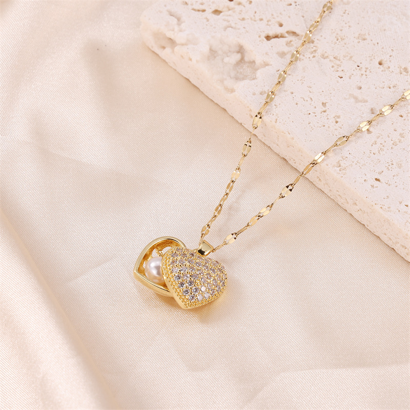 Heart Locket Pendant Necklace Stainless Steel 18K Gold Plated Cubic Zirconia Shell Pearl Clavicle Chain For Women
