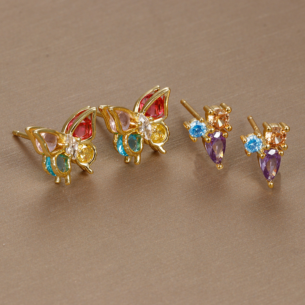 Colorful Butterfly Zircon Stud Earrings With 925 Sterling Silver Earring Post Gold Plated Copper Sweet Jewelry