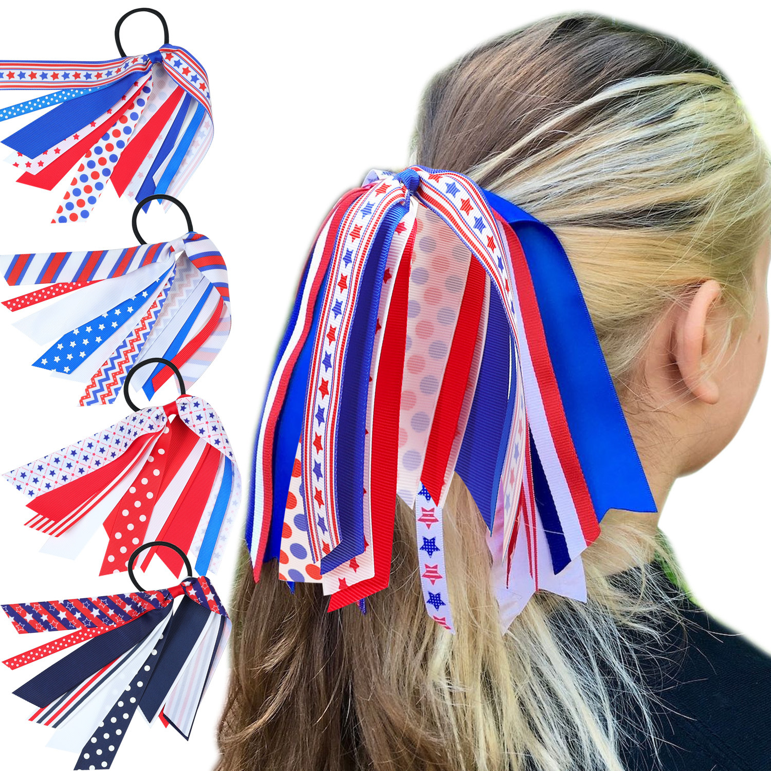 Kids Girls USA Flag Streamer Hair Ties Red White Blue Stars Stripes Polka Dots Patriotic Grosgrain Ribbon Bow Ponytail Holders Hair Accessories