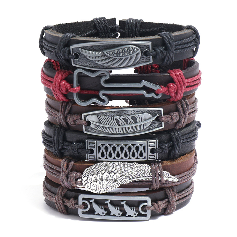 Retro Braided Cowhide Leather Bracelet Alloy Charms Wing Guitar Feather Bohemian Punk Multilayer Adjustable Wristband Unisex
