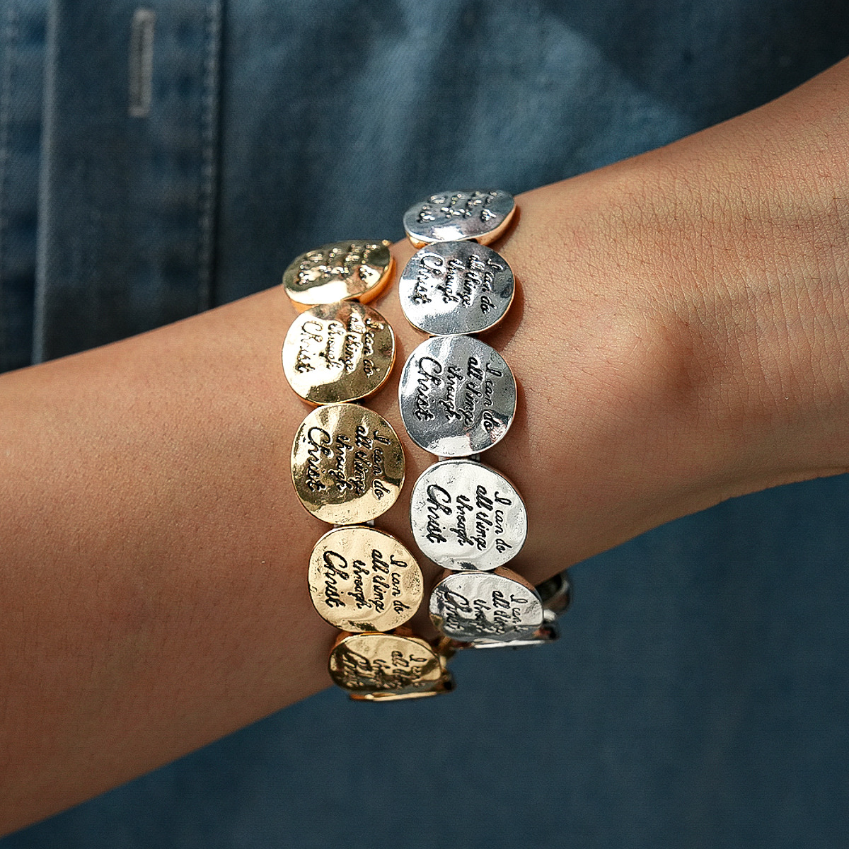 I Can Do All Things Through Christ Inspirational Religious Bracelet Retro Hammered Alloy Disc Lettering Stretch Bracelet Women Faith Jewelry Gift