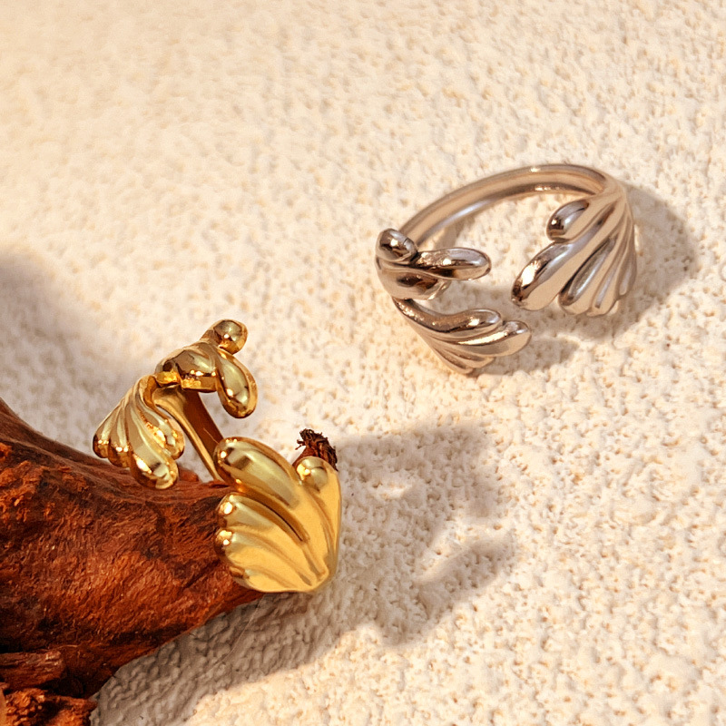 18K Gold Plated Stainless Steel Wing Leaf Open Adjustable Rings For Women Niche Design Chic Aesthetic Hand Jewelry Daily Party Gift Accessories