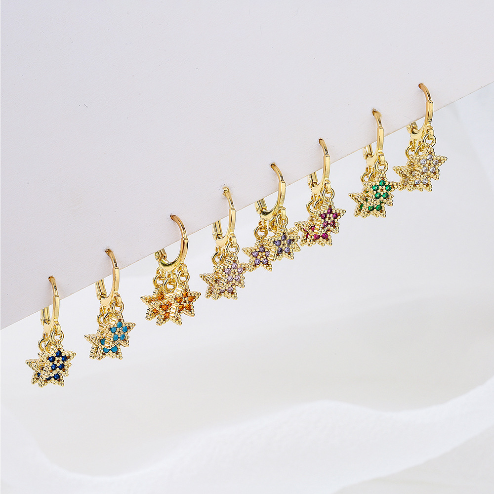 Europe Ins Style 18K Gold Plated Copper Star Drop Earrings For Women Colorful Zirconia Inlay Geometric Dainty Star Huggie Hoop Earrings Jewelry