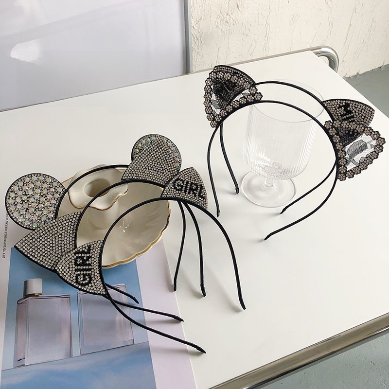 Korean Style Rhinestone 3D Cat Ear Headband Lace Hollow Out Animal Ears With MISS GIRL Letter Shiny Headpiece For Women Girls Party Daily Hair Accessories