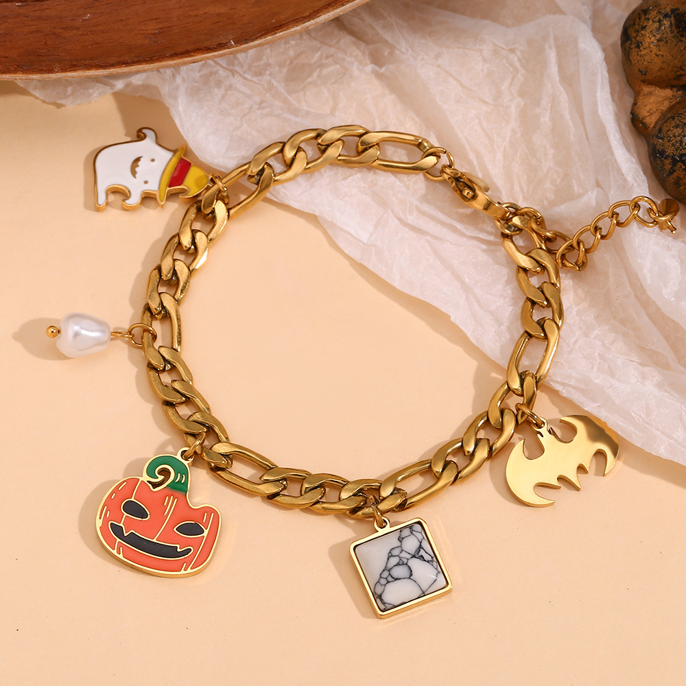 Halloween Charm Bracelet Stainless Steel 18K Gold Plated Figaro Chain With Pumpkin Ghost Bat Pearl Pendants