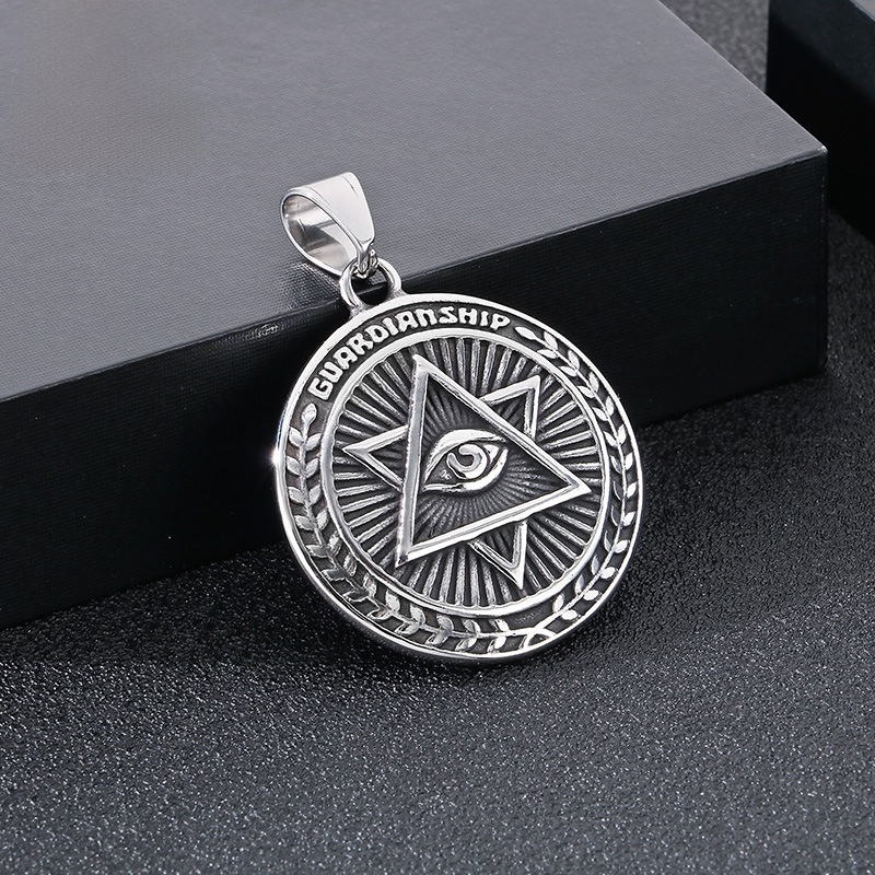 Retro Stainless Steel Eye of Providence Pendant Necklace for Men Guardianship All Seeing Eye Round Medal Box Chain Amulet Jewelry