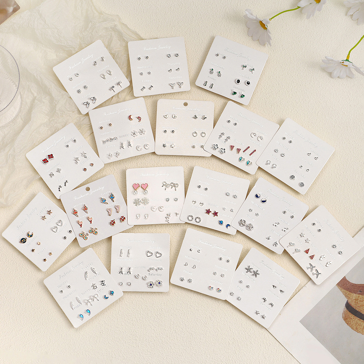 Trendy Weekly Stud Earring Sets Alloy Stainless Steel Pin Rhinestone Faux Pearl Cute Animal Heart Stud Earrings For Women Girls Daily Jewelry