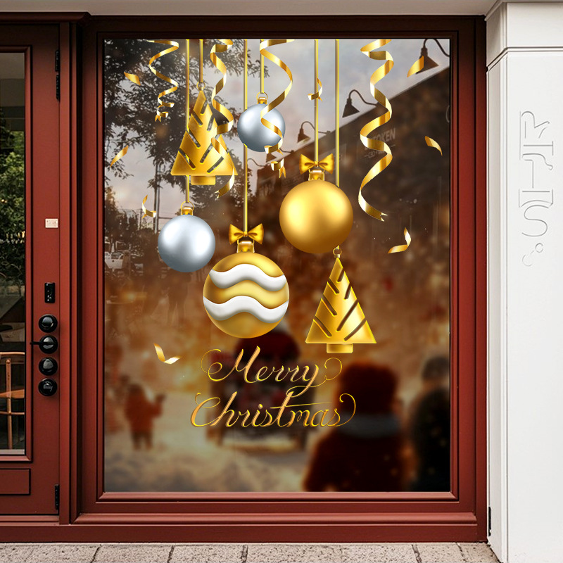 Christmas Window Decals Static Cling PVC Gold Silver Xmas Ball Tree Snowflake Stickers For Glass Door Shop Mall Store Festive Holiday Home Party Decorations