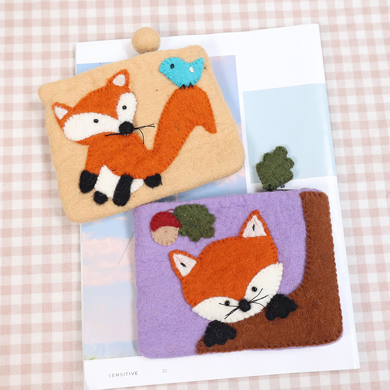Cute Handmade Wool Felt Fox Shaped Coin Purse For Women Cartoon Animal Embroidery Small Zipper Storage Bag Mini Wallet For Coins Keys Earphones