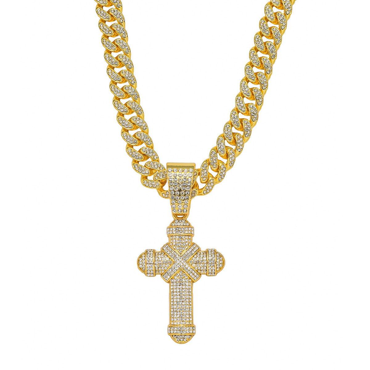 Men Hip Hop Iced Out Cross Pendant Necklace Alloy Rhinestone Cuban Link Chain Punk Jewelry