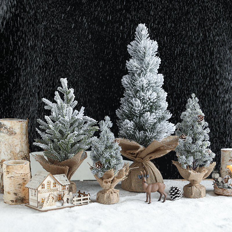 Miniature Flocked Plastic Christmas Tree With Snow Covered Pine Cones Burlap Base Tabletop Desktop Christmas Decoration Rustic Winter Wonderland Ornament