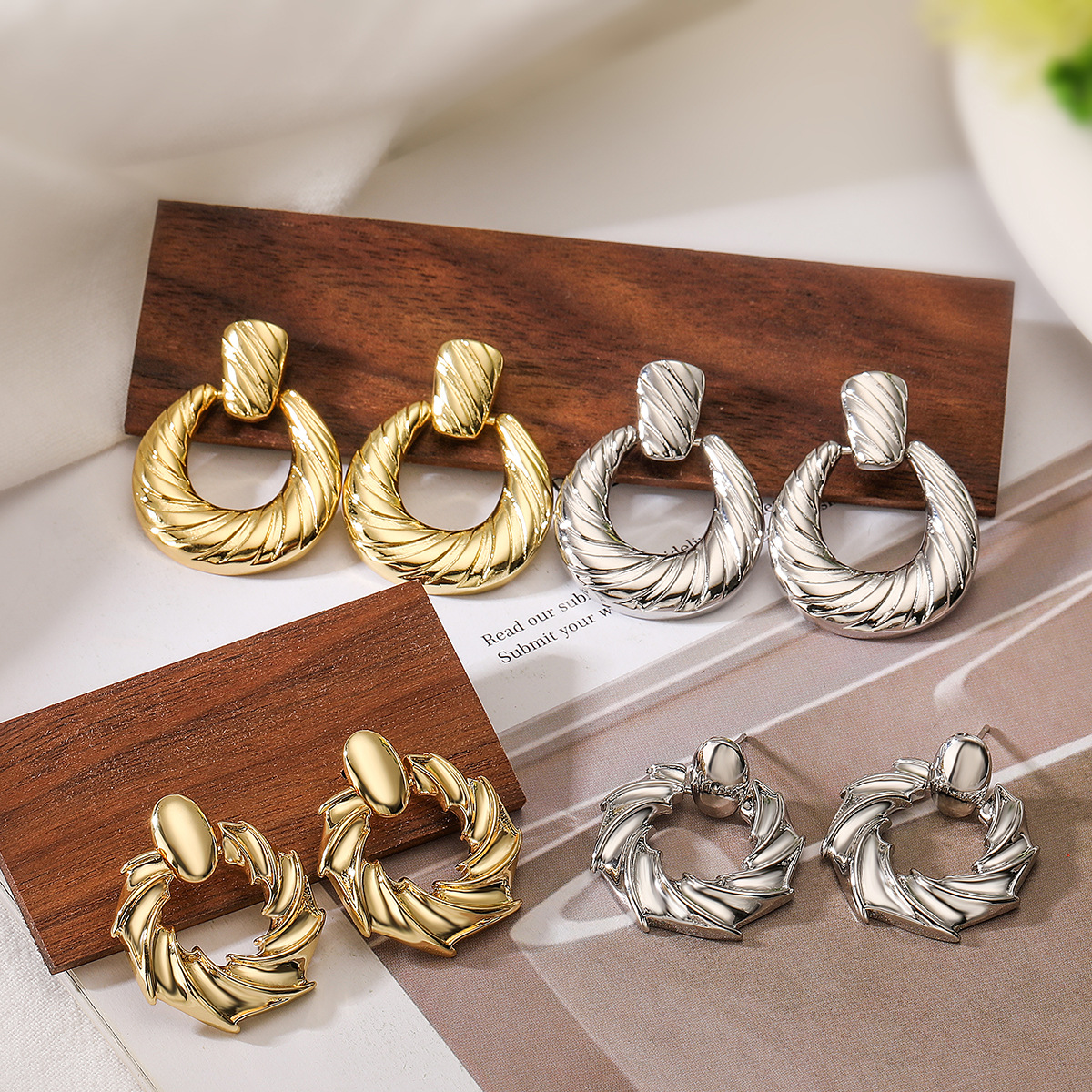 Textured Geometric Earrings Copper Gold Plated Twisted Irregular Metal Drop Jewelry For Women Retro Style