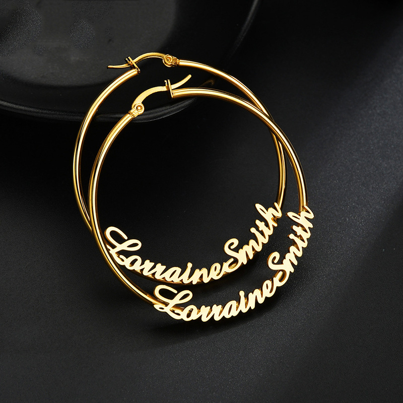 Custom Name Hoop Earrings Personalized Stainless Steel Gold Silver Cursive Nameplate Earrings For Women Girls Personalized Jewelry Birthday Gift