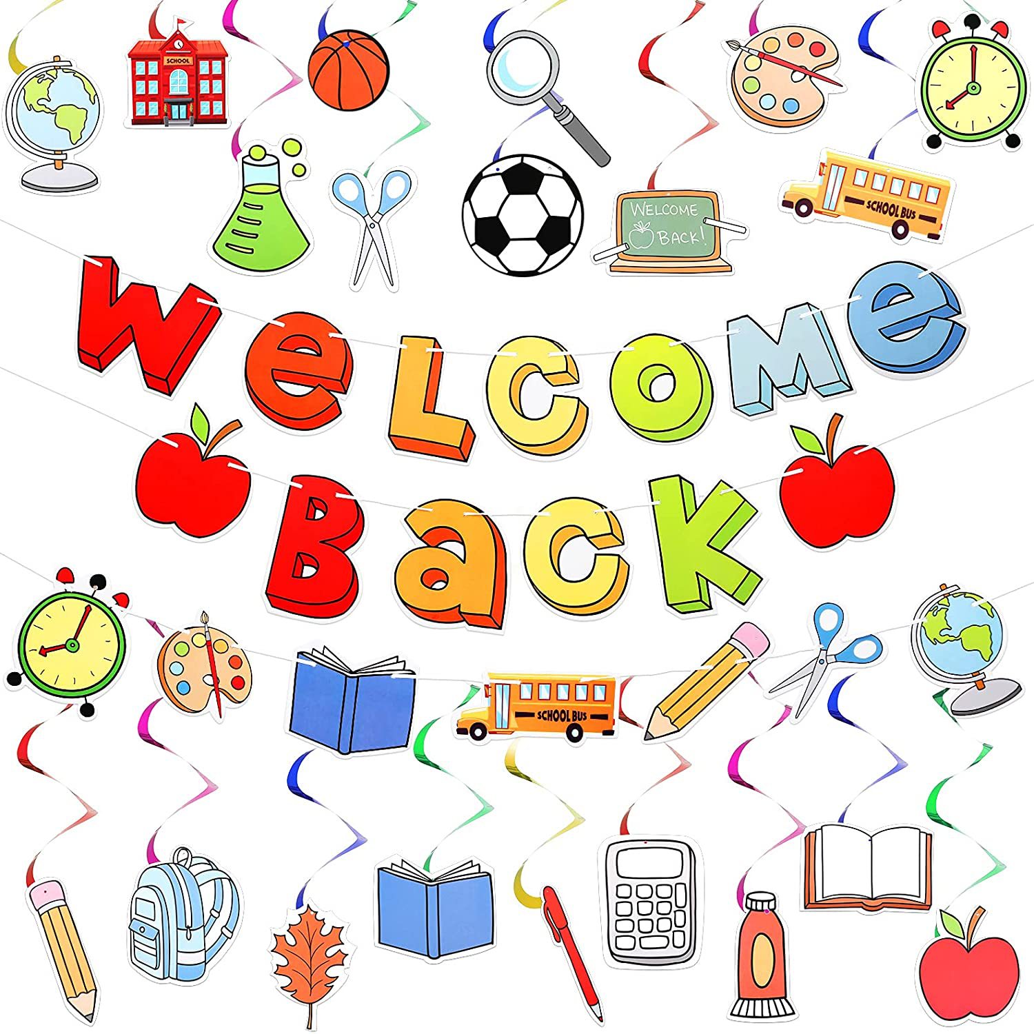 Back to School Party Decorations Set Welcome Back Banner Hanging Swirls Pencil Apple School Bus Cardstock Banners For Classroom Office First Day of School Students Teacher Supplies Multi-color Photography Props