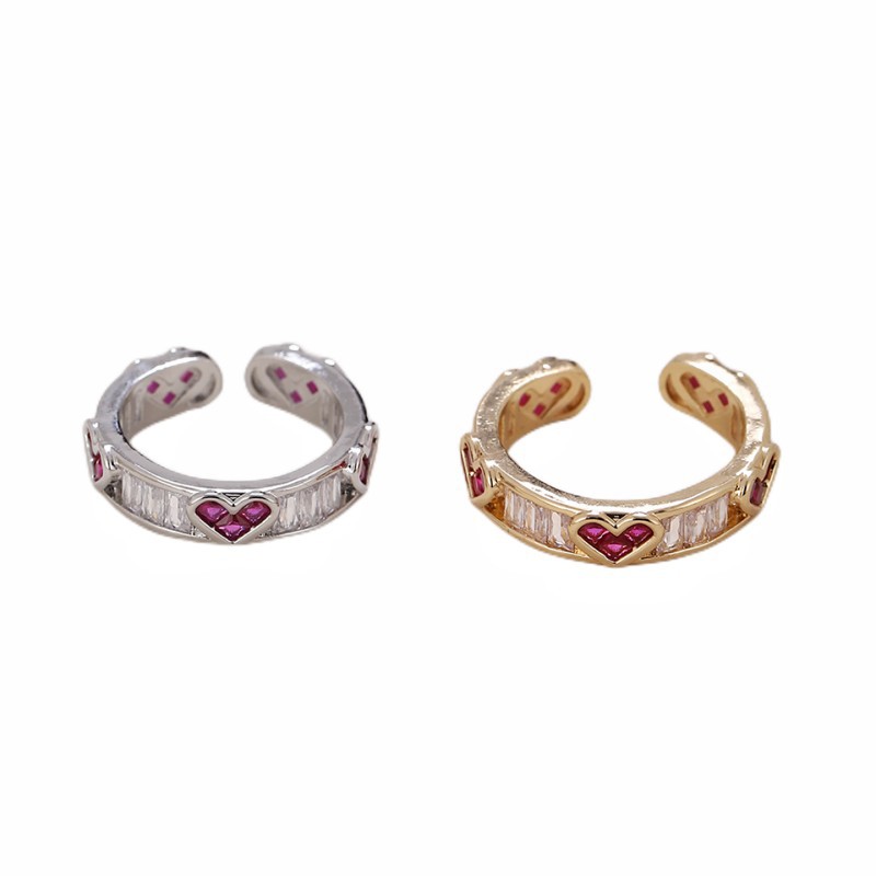 Fashion Light Luxury Copper Inlaid Heart Shaped Red Zircon Open Ring For Women Niche Design Adjustable Jewelry
