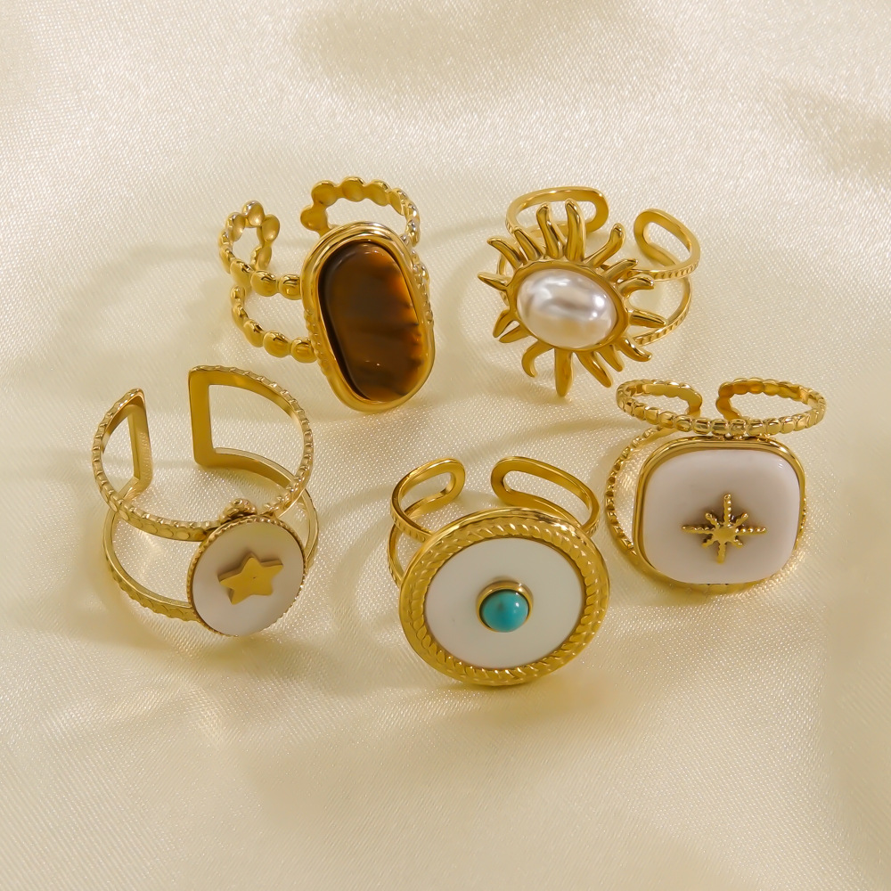 Vintage 14K Gold Plated Stainless Steel Open Rings For Women Adjustable Natural Stone Tiger Eye Shell Sun Star Style