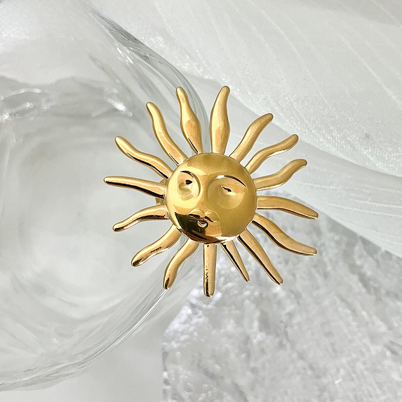 Sun Face Adjustable Open Ring Stainless Steel Geometric Exaggerated Personality Retro Gold Color Jewelry For Women