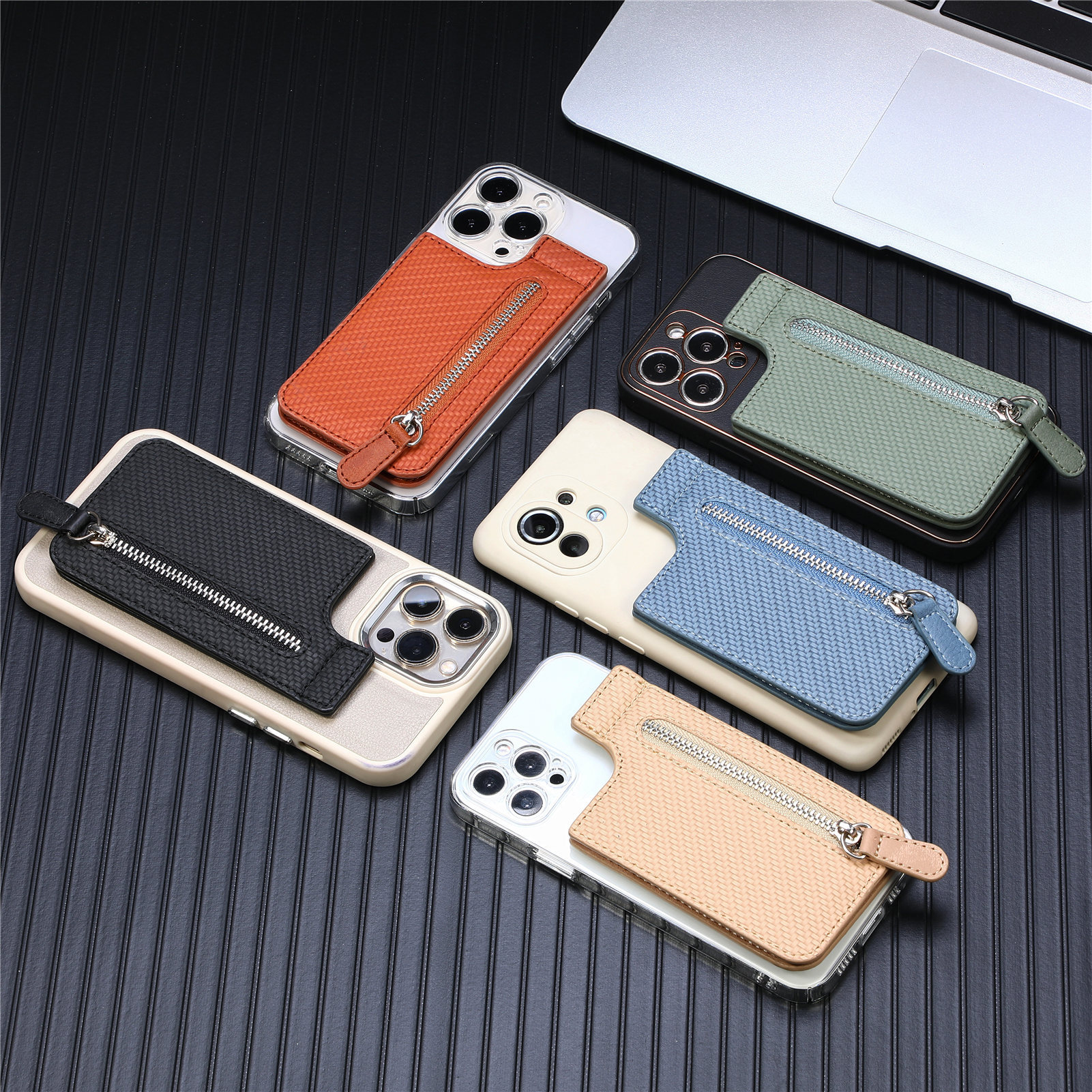 Universal Adhesive Cell Phone Wallet Card Holder Woven Leather Zipper Phone Back Pouch With Multi-Angle Stand Credit Card Sleeve For Most Smartphones