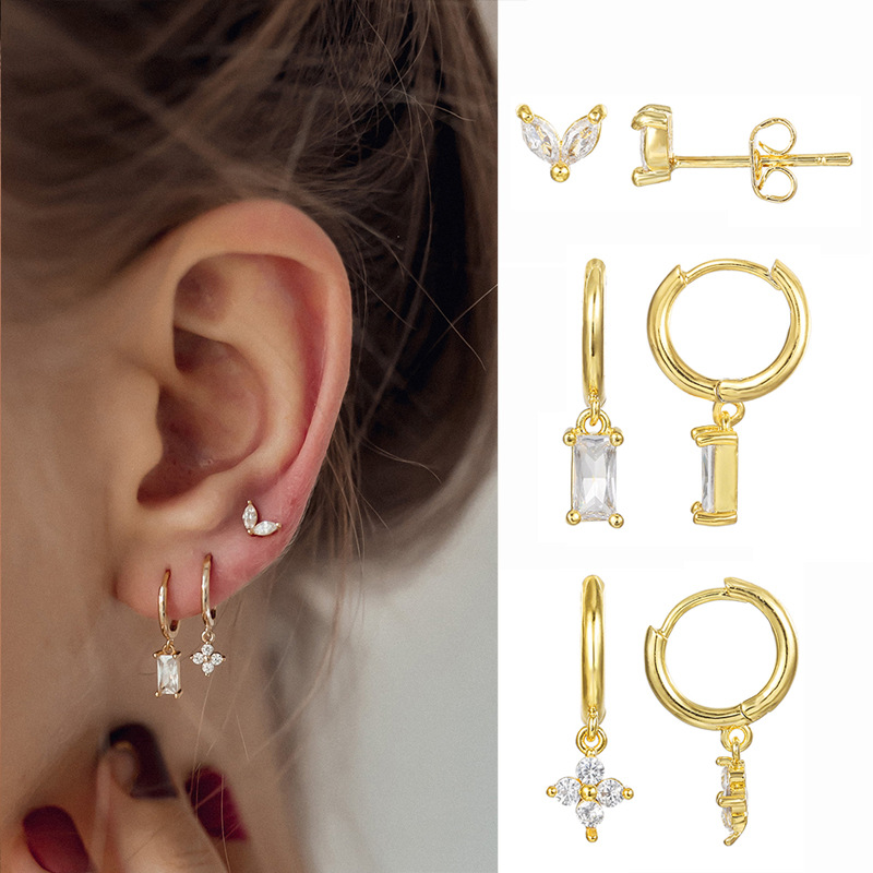 Gold Plated Copper Earrings With Zircon Flower Leaf Geometric Pendant Hoops And Studs For Women